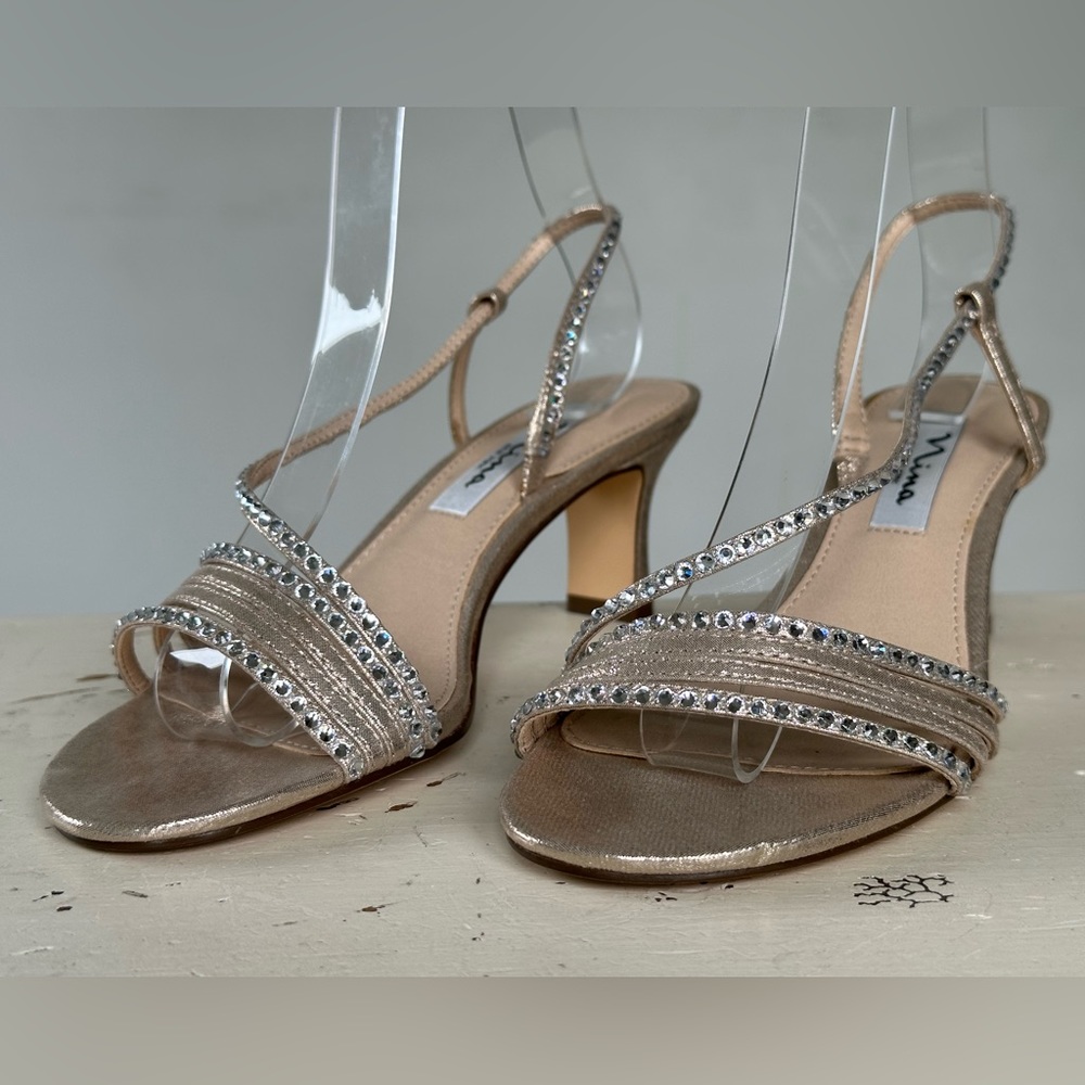 Nima New York Silver Rhinestone Studded Strappy Heels Women's Size 7 M
